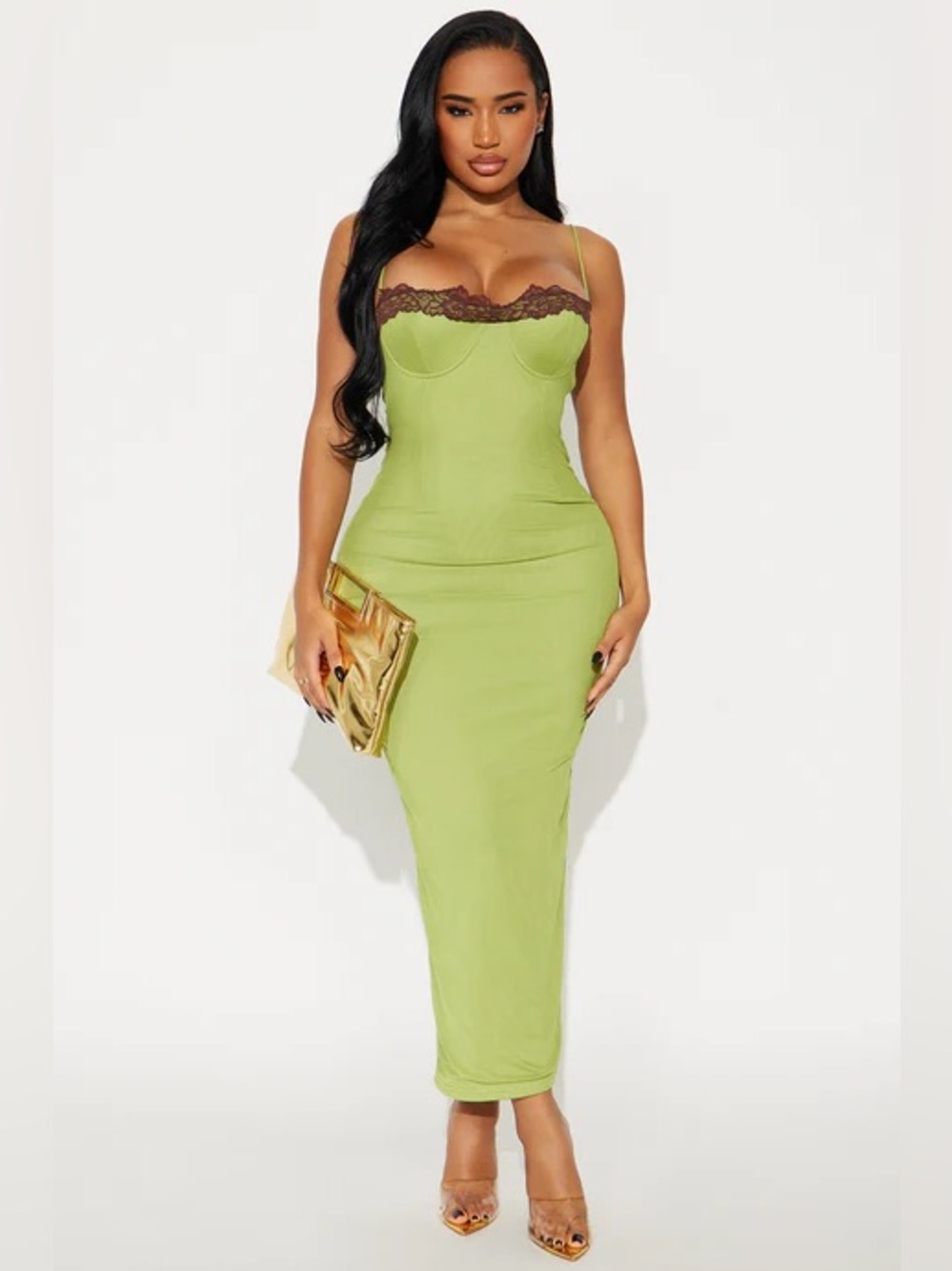 Fashion Nova Olive Maxi Dress with Brown Lace Trim